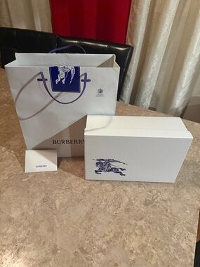 Burberry White Box and Bag with Navy Logo and Purple Handles